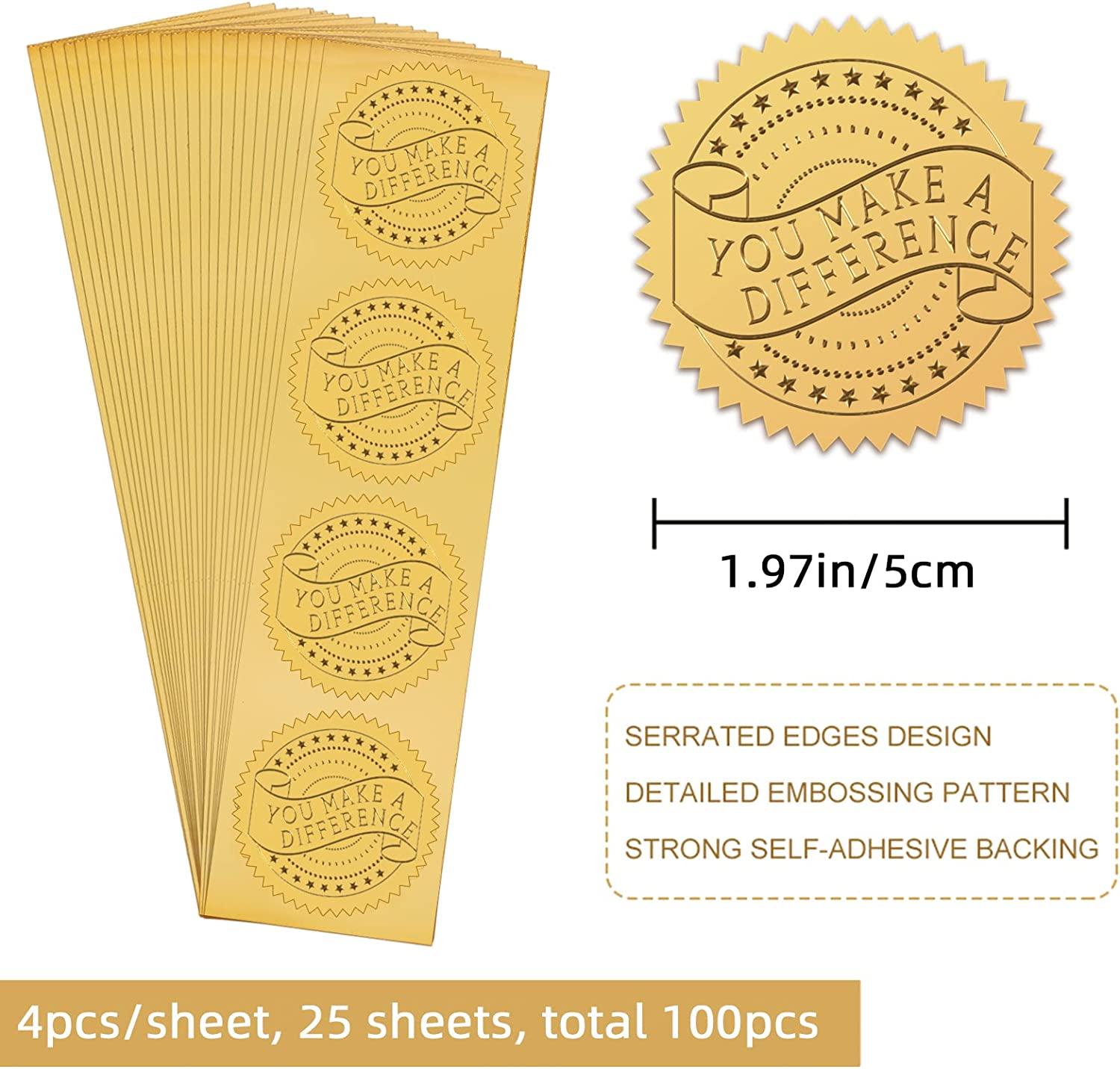 2 Embossed Certificate Seals You Make a Difference Self Adhesive Embossed  Seals Gold Stickers 100pcs Medal Decoration Labels for Envelopes Diplomas  Certificates Awards Graduation 